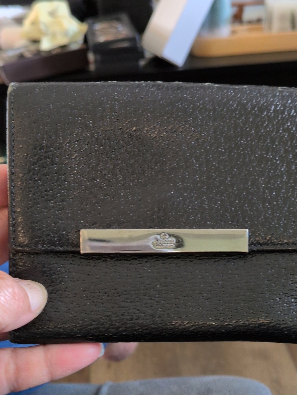 Gucci Vintage 1980s Black Leather Wallet with Silver Tone Bar